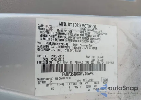 2008 Ford Focus Se/Ses из США, поврежденный, VIN 1FAHP35N08W240698